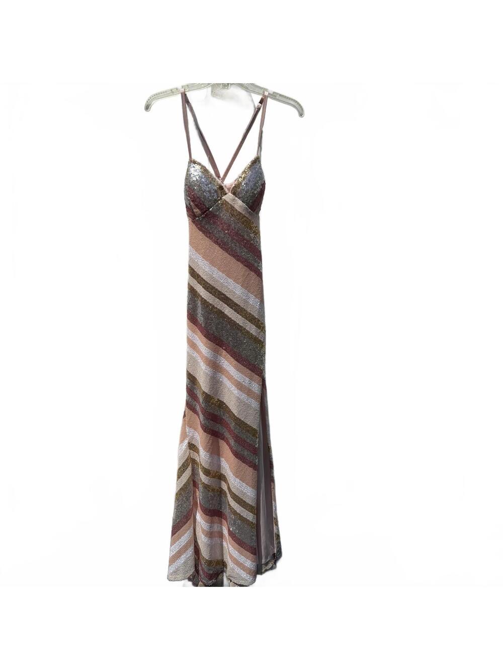 NWT Violet Weekend Sequin Striped Maxi Gown Multi Pink Gold 11/12 V-Neck, Formal